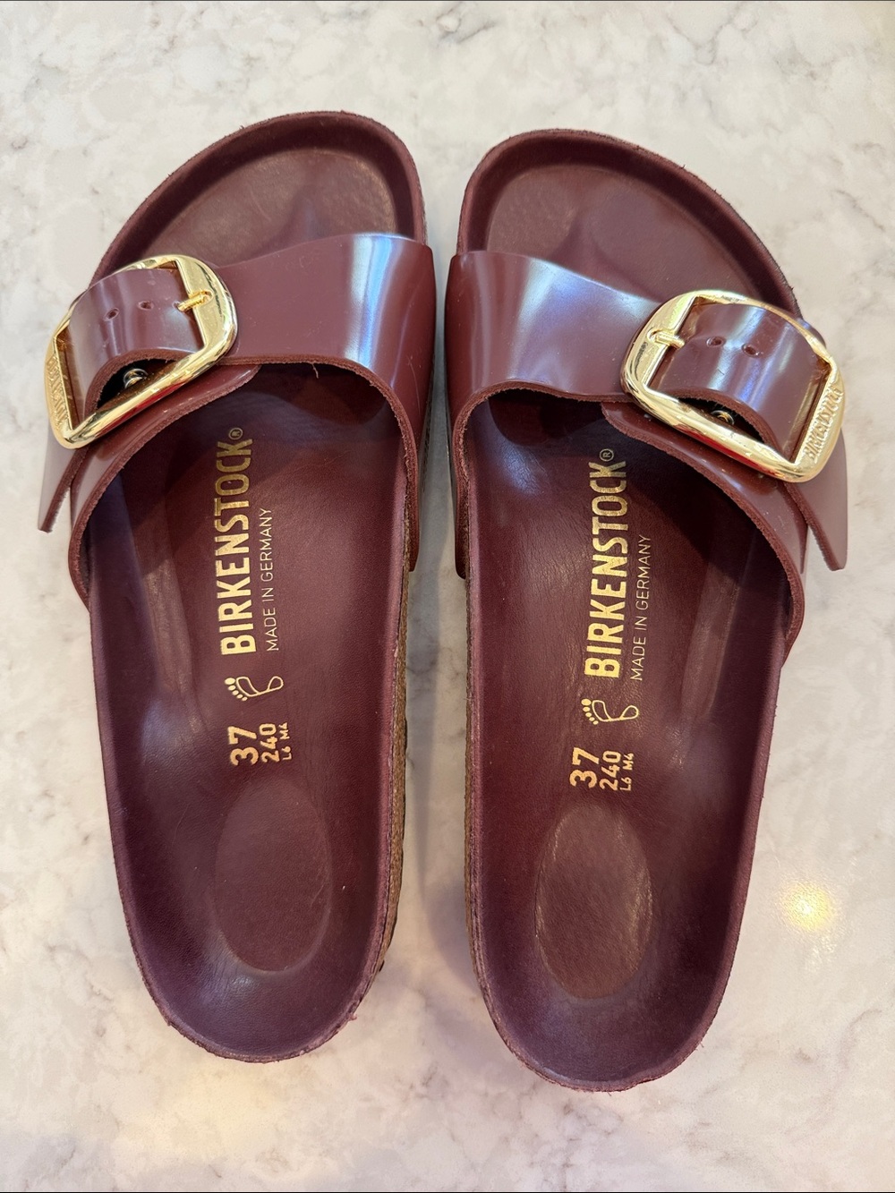 Birkenstock Madrid Slide โ Burgundy with Gold Buckle